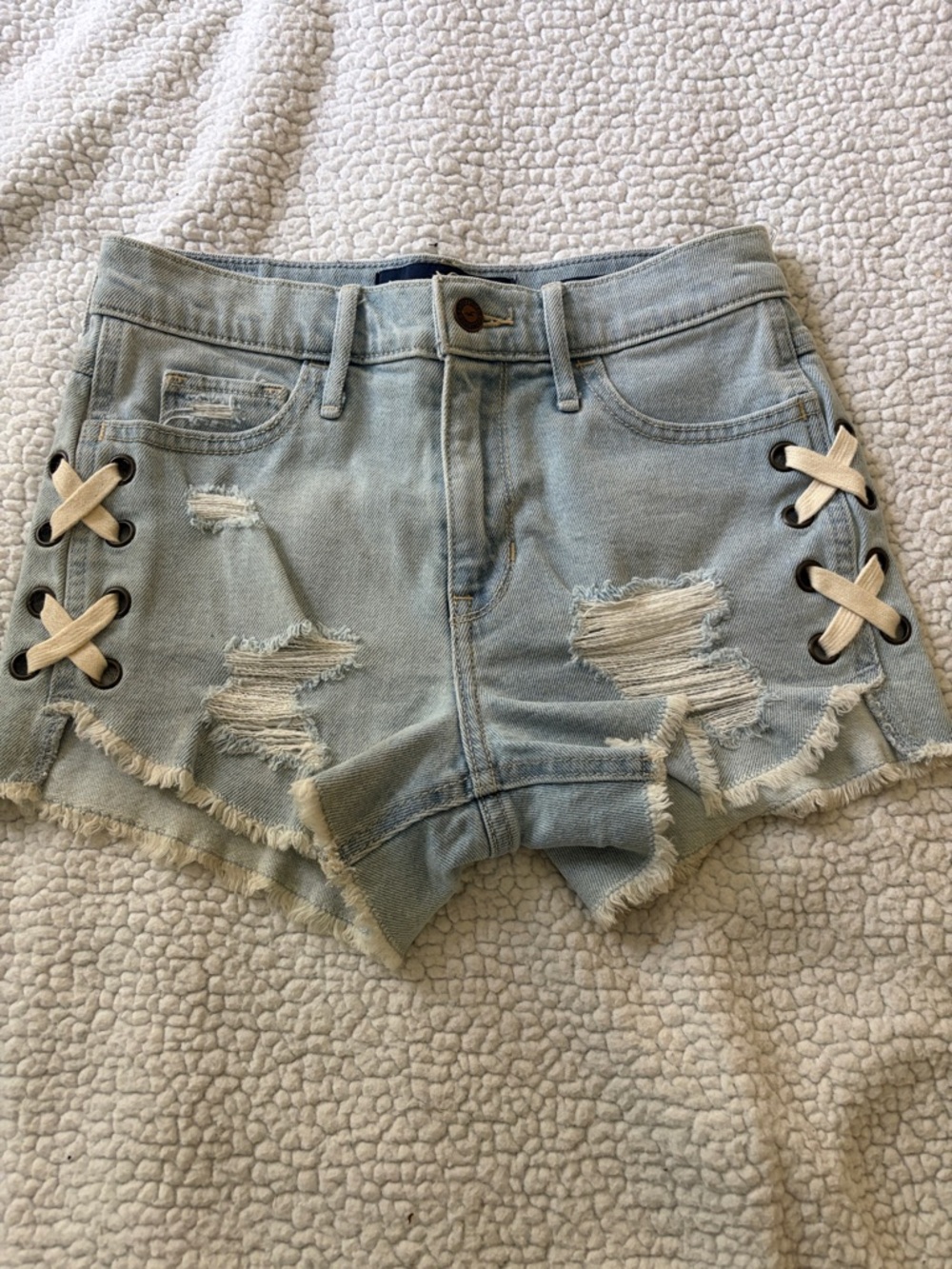 Hollister Light Blue Distressed Lace-Up Denim Shorts